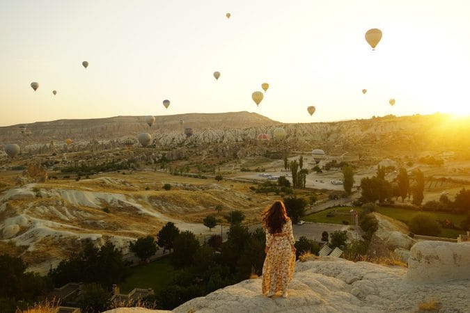 hot air balloons, valley, girl