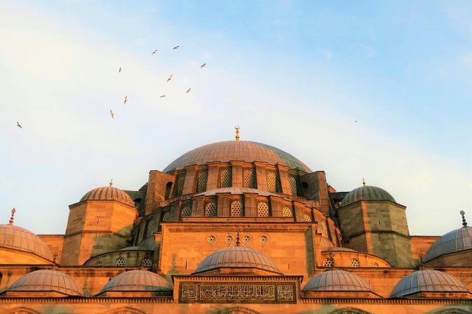 View of the Suleymaniye Mosque dome in Istanbul, Turkey, against a clear sky with birds flying.